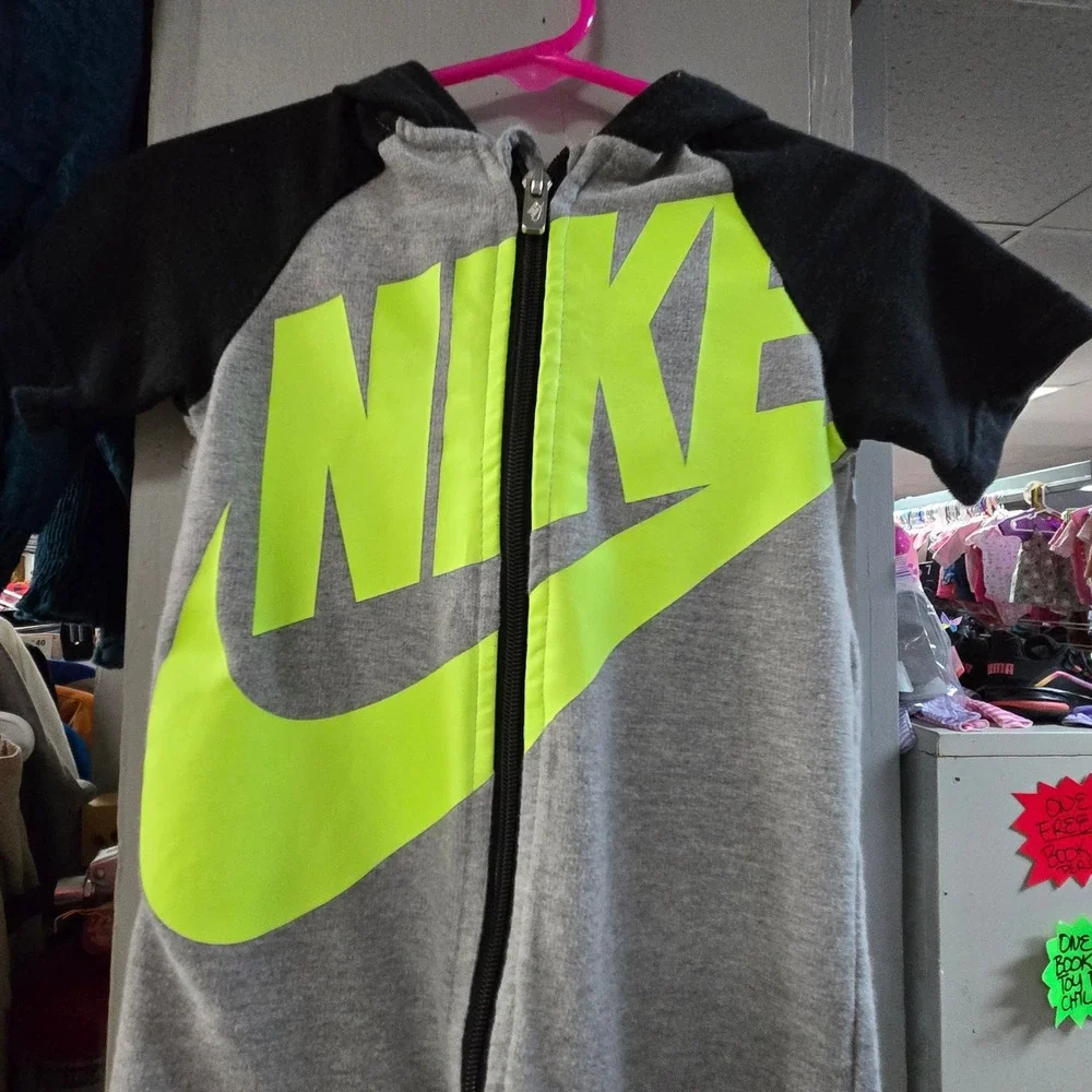 Nike Infant Hooded Romper Grey Black Neon Yellow Logo Zip Coverall 9-12M